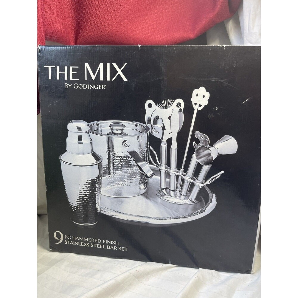 Godinger Hammered Finish Stainless Steel 9pc Bar Set Cocktail Shaker Ice Bucket